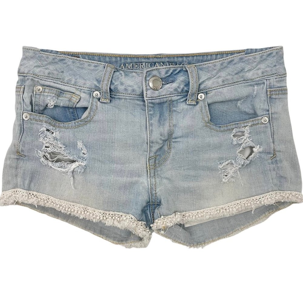 American Eagle Crochet Lace Hem Distressed Denim Shortie Shorts Jean Short